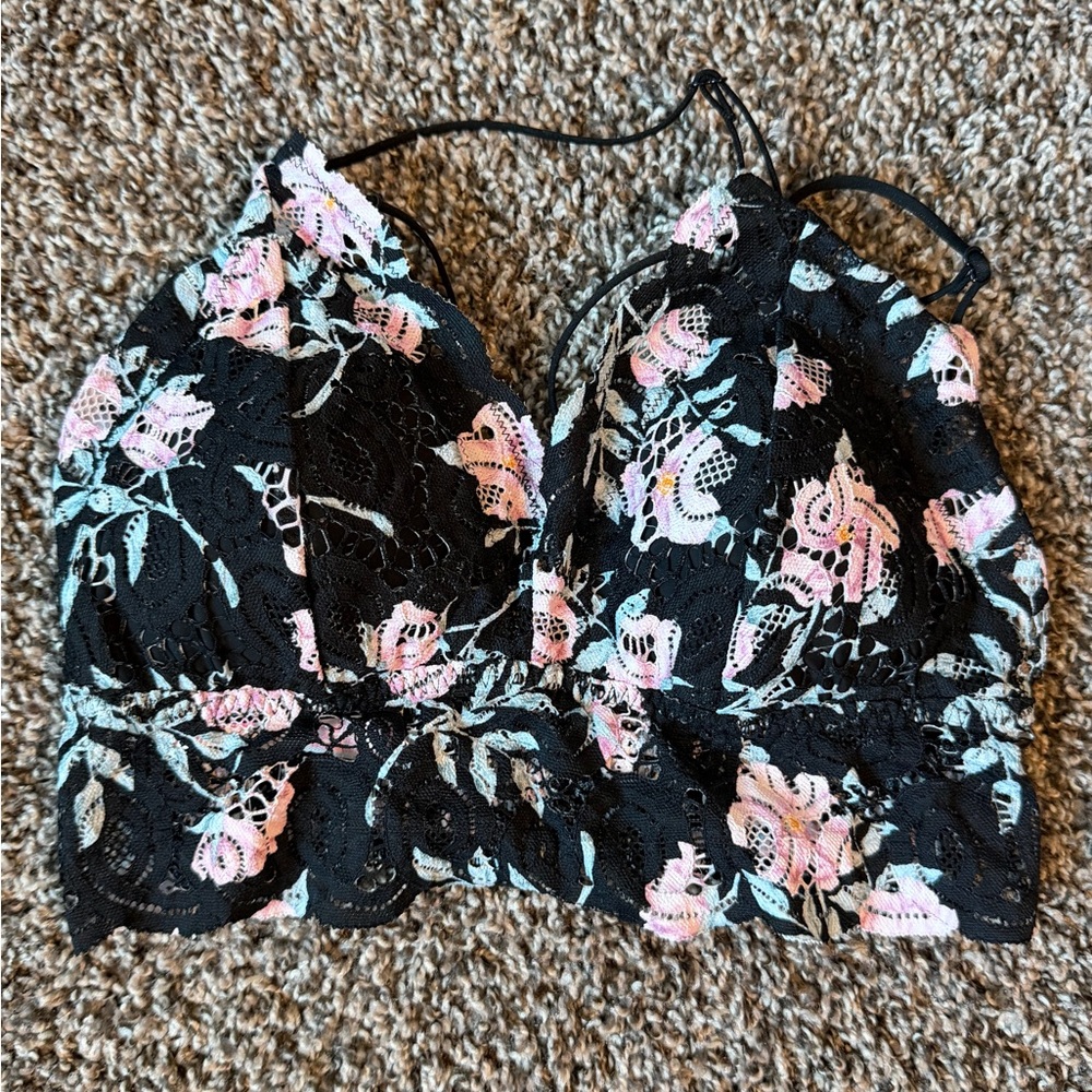 PINK Victoria's Secret Black and Pink Floral Lace Bralette